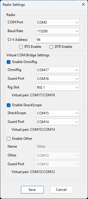 Radio settings dialog