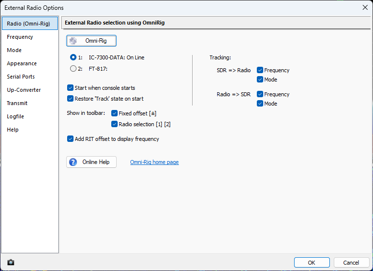 SDR Console External Radio Options configured for OmniRig