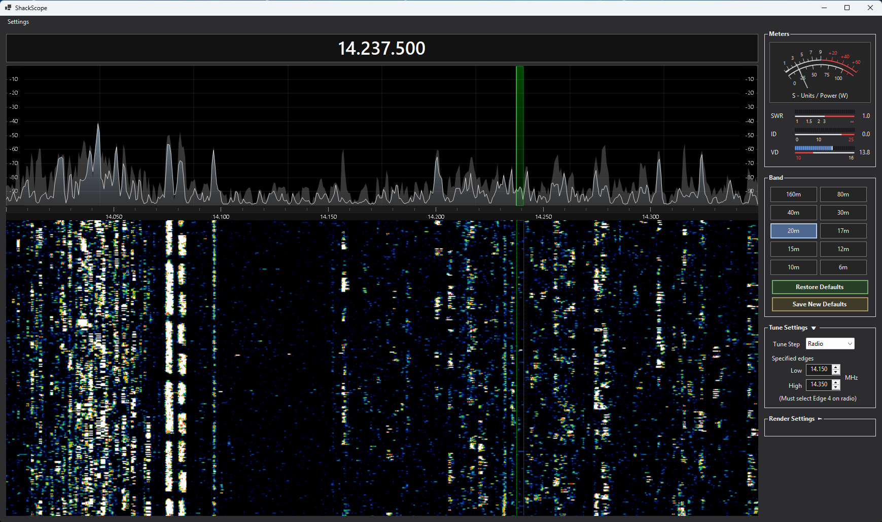 ShackScope spectrum, waterfall, meters, and sidebar