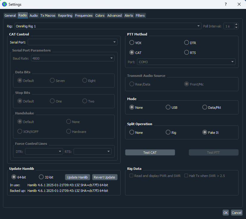 WSJT-X Radio settings dialog
